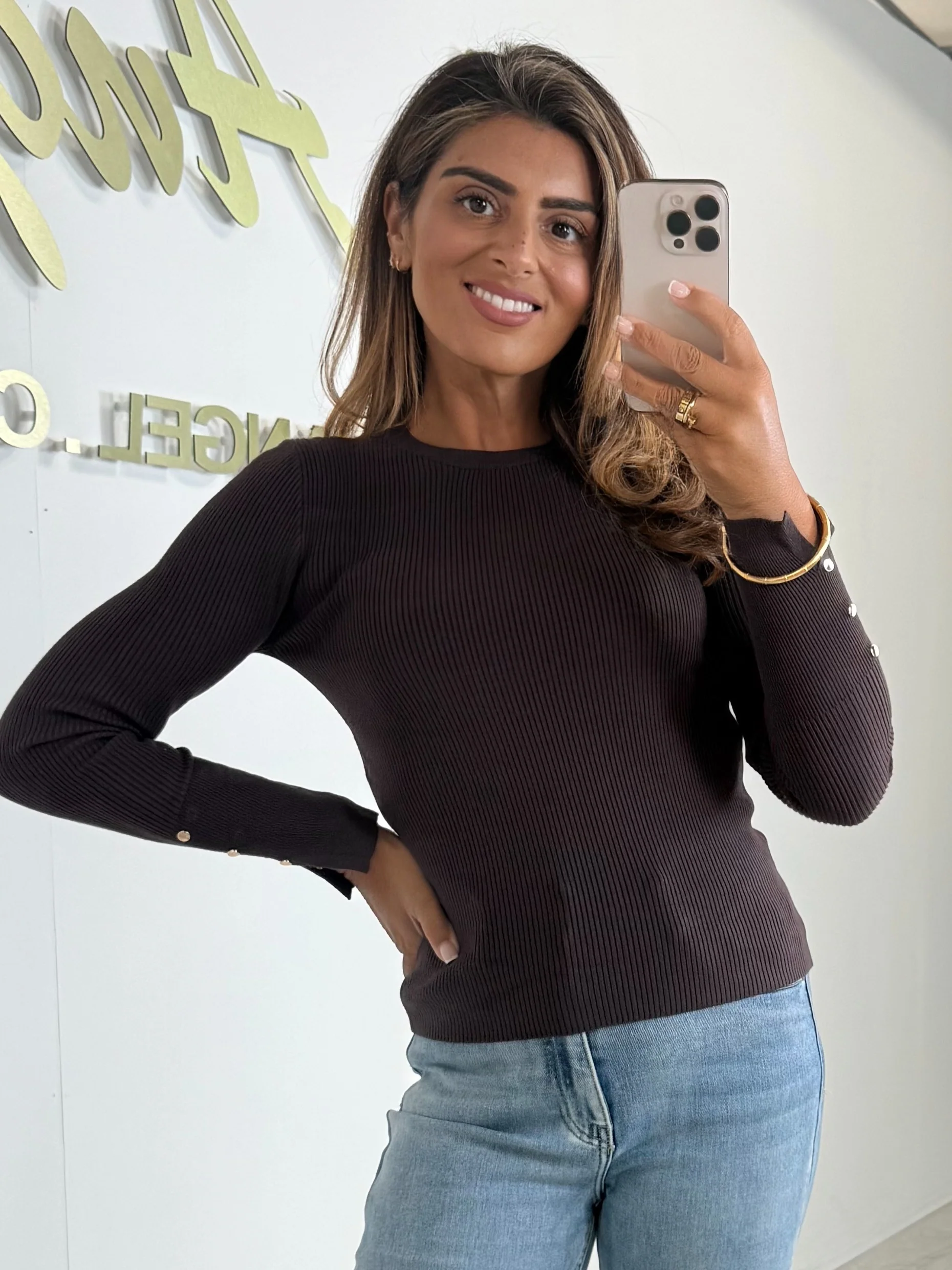 Soft Knit Round Neck Gold Button Sleeve Jumper (3 Colours) - Image 4