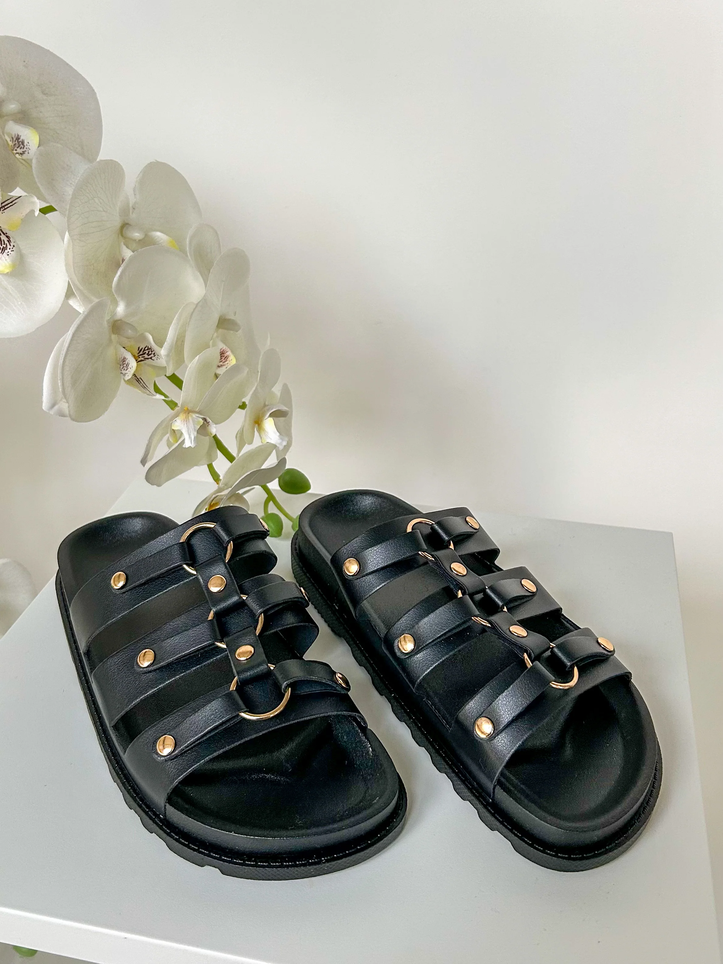 Triple Strap Sandals With Gold Circle Detail (3 Colours) - Image 9