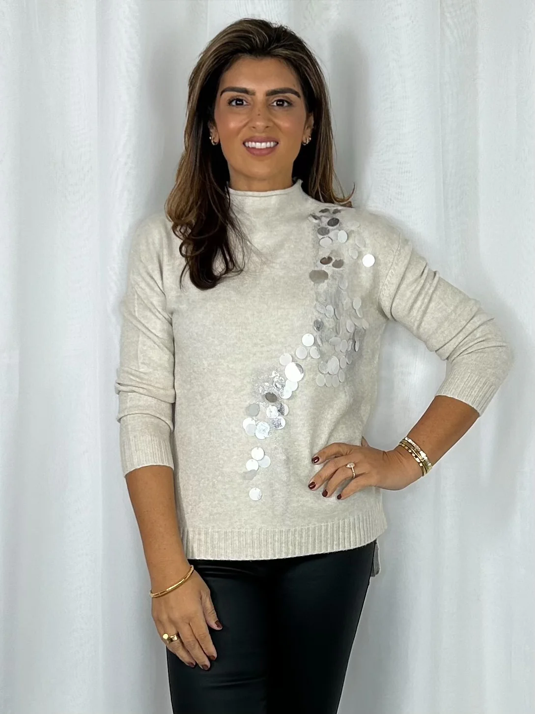 Turtle Neck Metallic Paint Effect Sequin Jumper (3 Colours) - Image 3