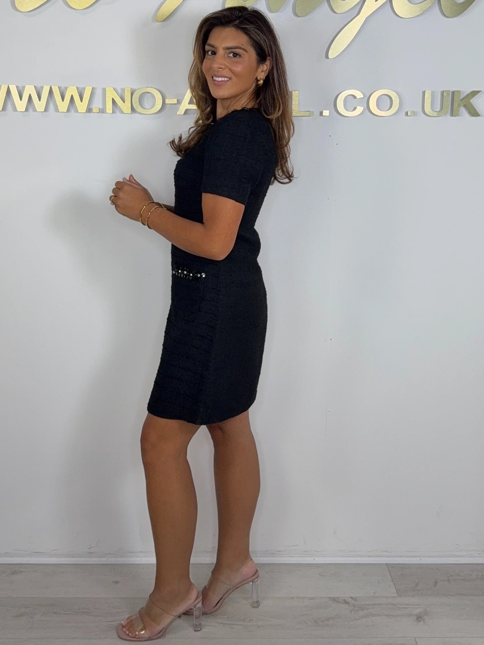 Tweed Short Sleeve Diamante Trim Shift Dress (2 Colours) - Image 5